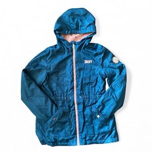 DKNY Vibrant Blue Hooded Rain Jacket with Soft Pink Interior Youth Large (14/16)